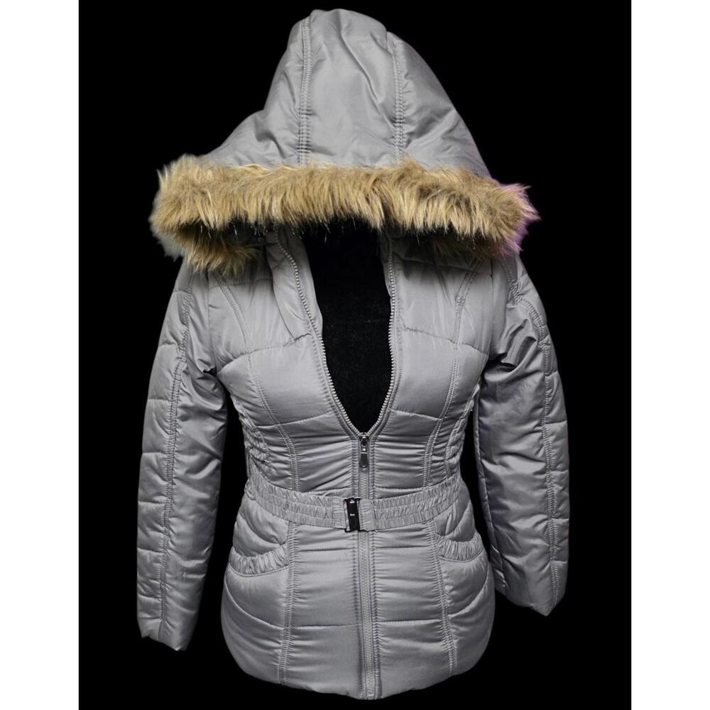 Women's Medium Charcoal "Rampage" Puffer Coat With Tan Faux Fur Hood And Belt
